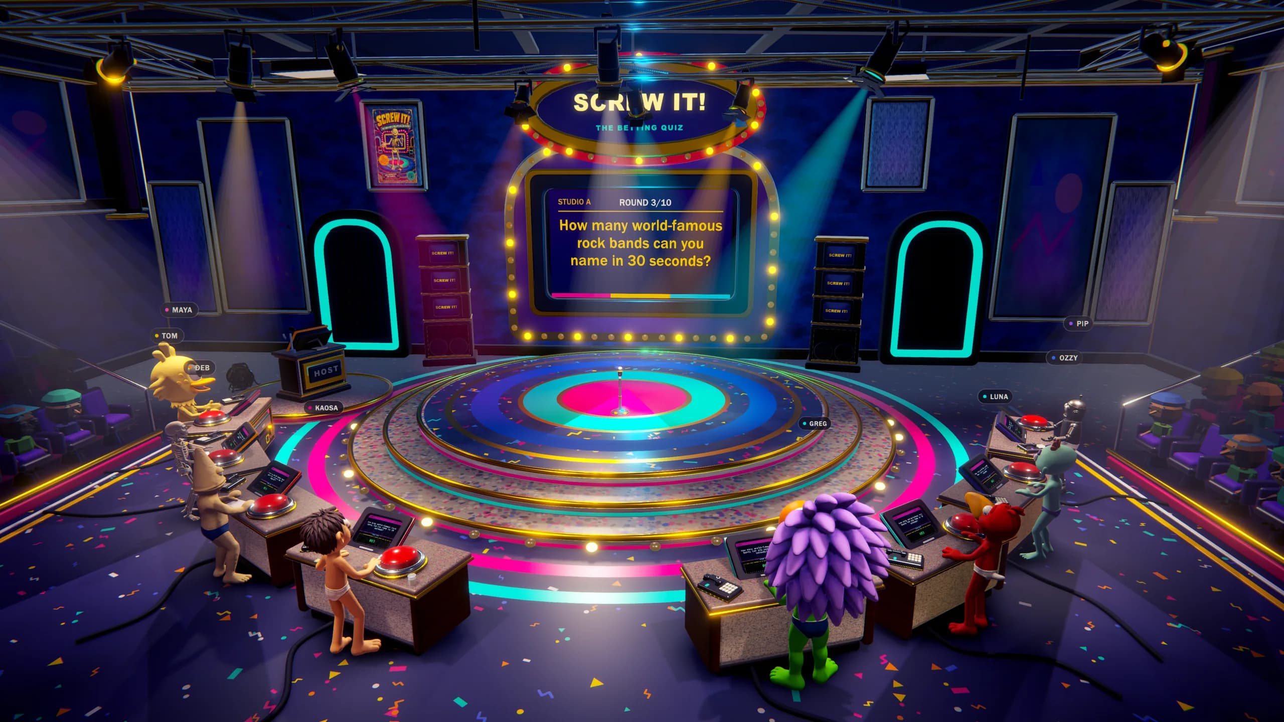 Eight contestants at their booths as the card goes up on the monitor bank.