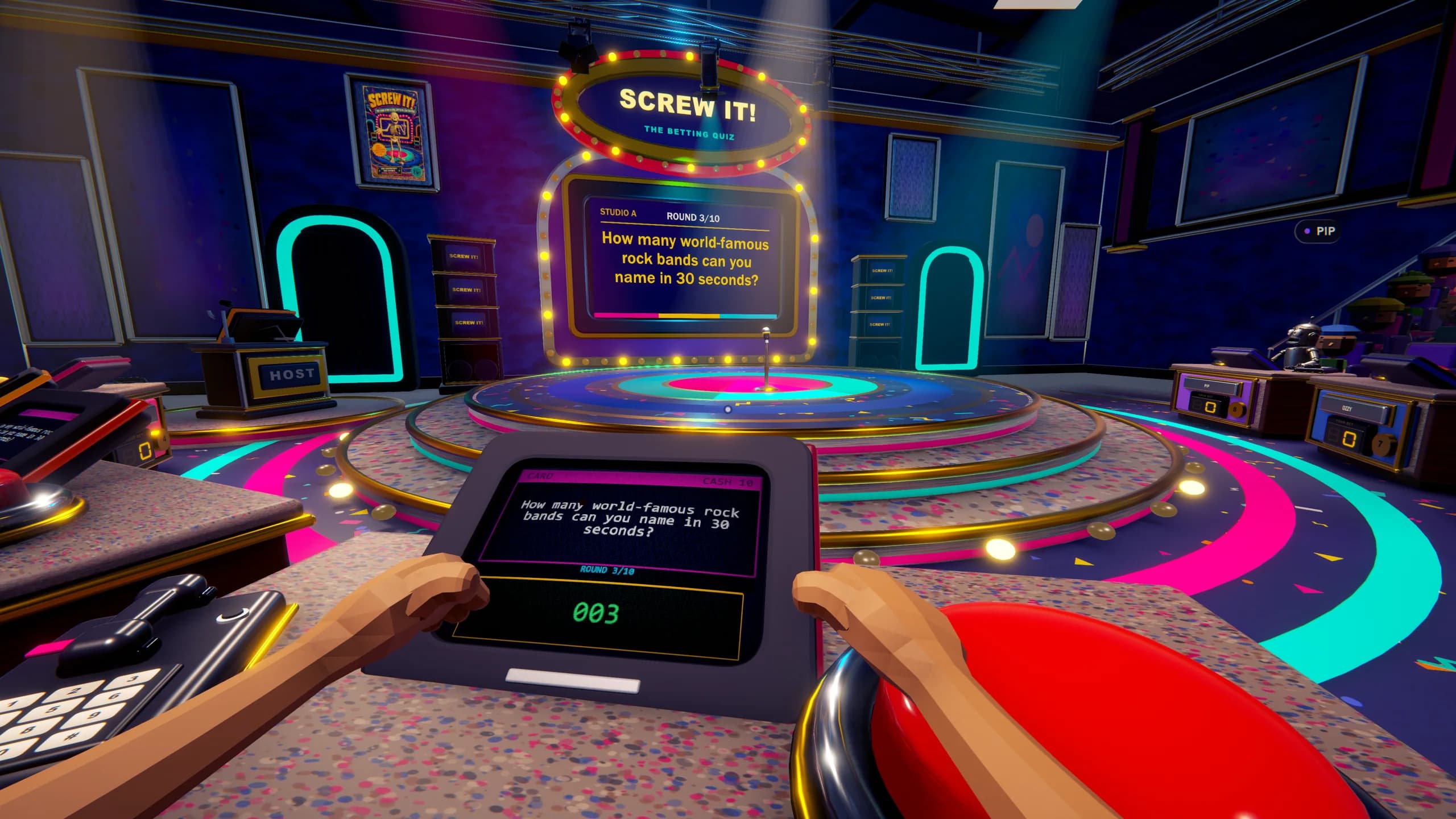 The task card on the monitors: how many world-famous rock bands can you name in 30 seconds?