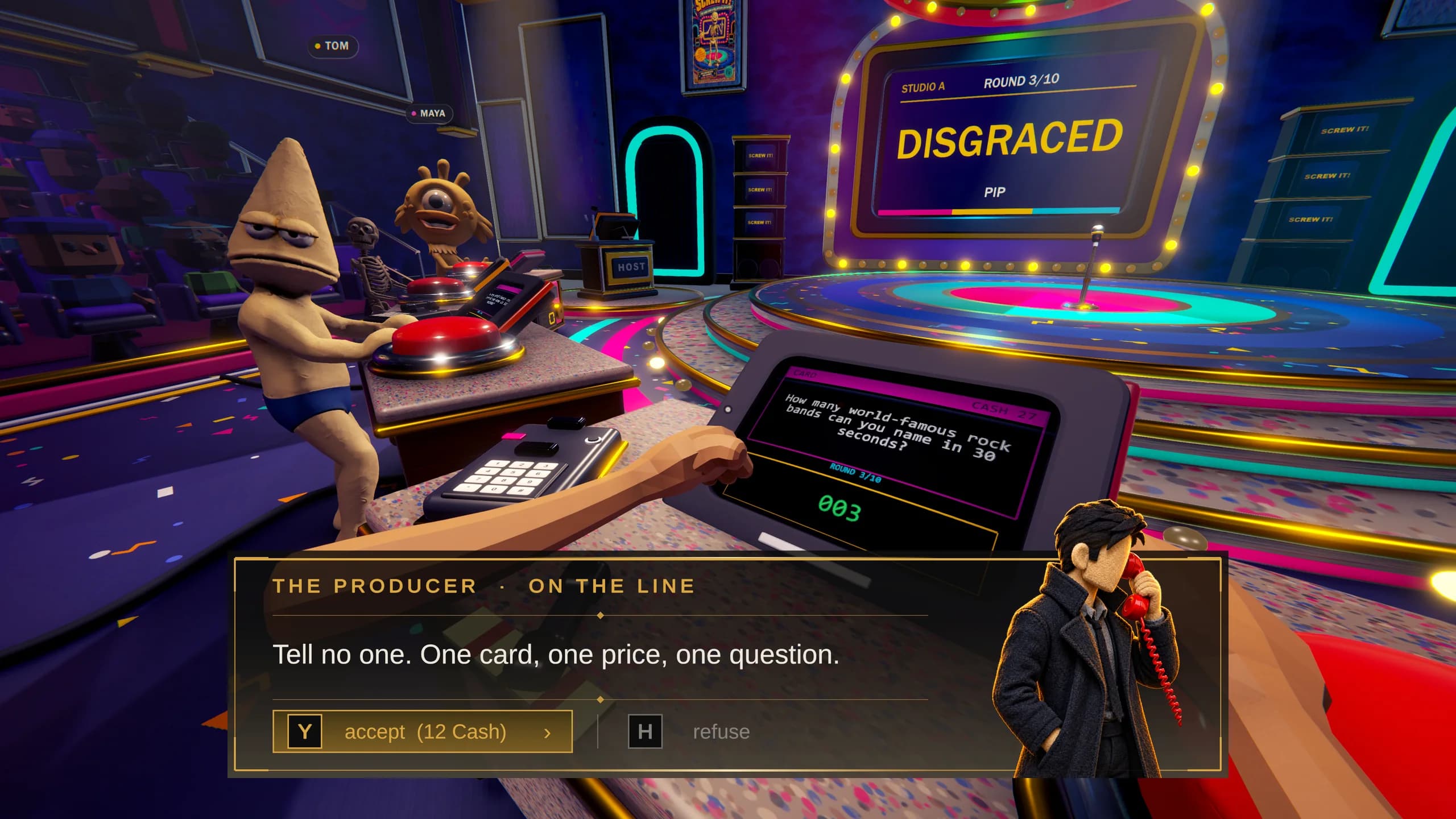 The producer's line: a card for 12, sight unseen, the receiver off the hook where the room can see it.