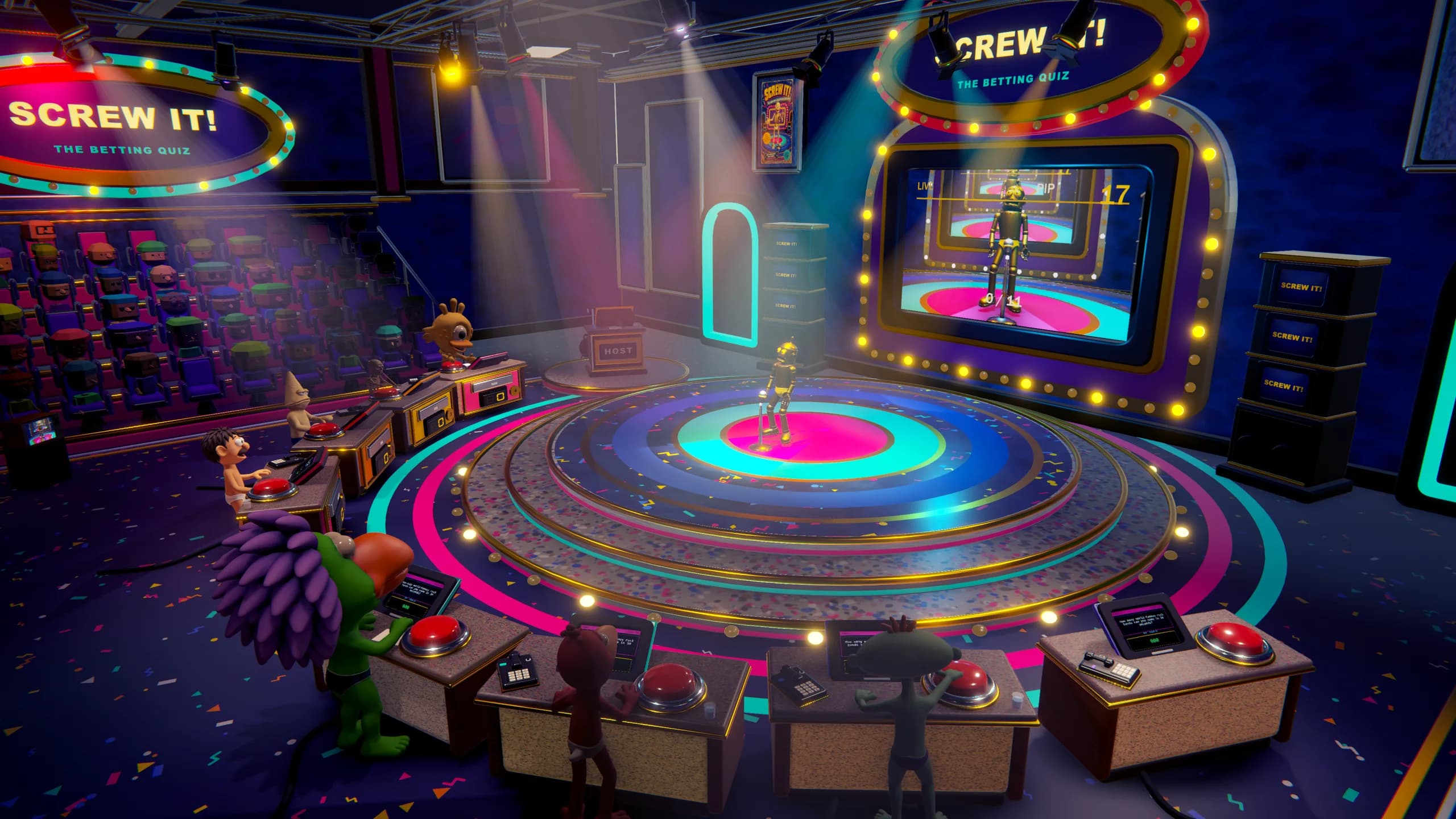 The whole studio: the stage, both rows of booths, the live feed and the audience.